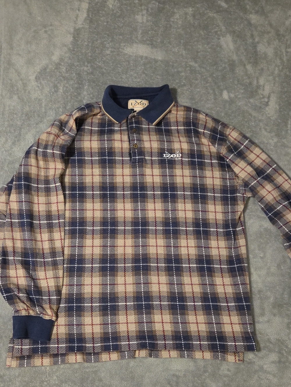 IZOD Men's Navy and Tan Plaid Long-Sleeve Polo Shirt